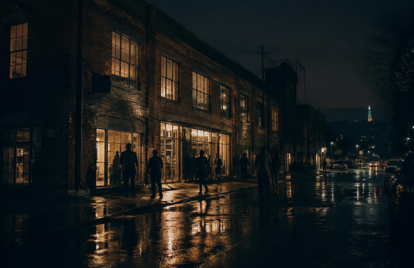 Tbilisi street at night outside a converted factory