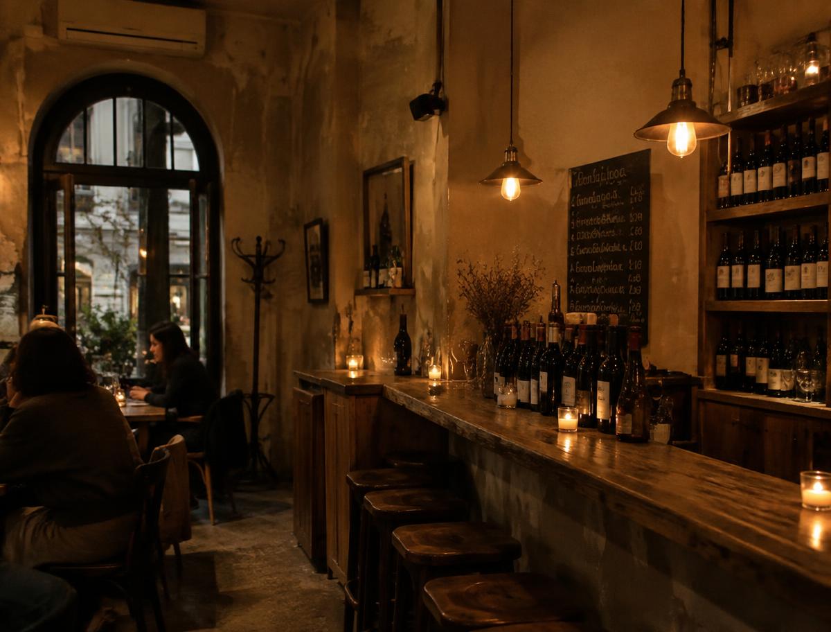 Candlelit wine bar counter in Tbilisi